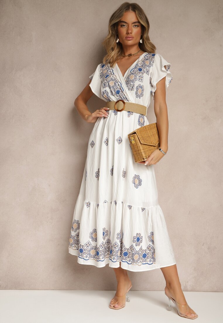 rosa Rochie Albă-Albastră din Viscoză Decorată cu Curea și Broderie Nilorelle