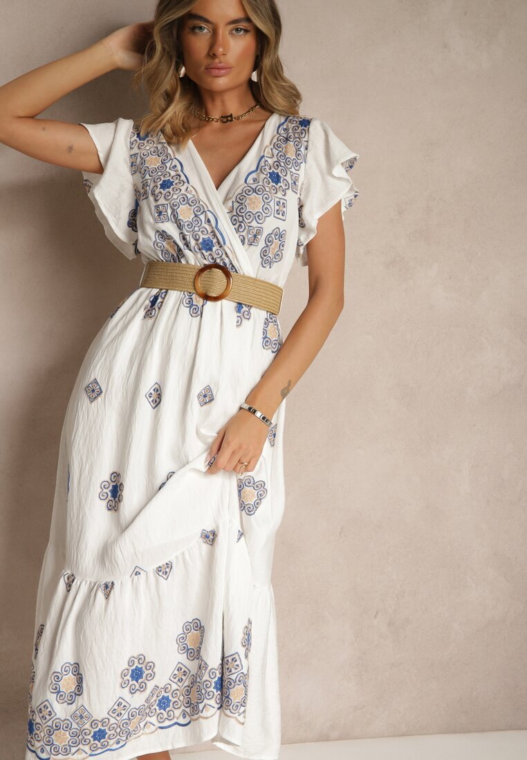 rosa Rochie Albă-Albastră din Viscoză Decorată cu Curea și Broderie Nilorelle