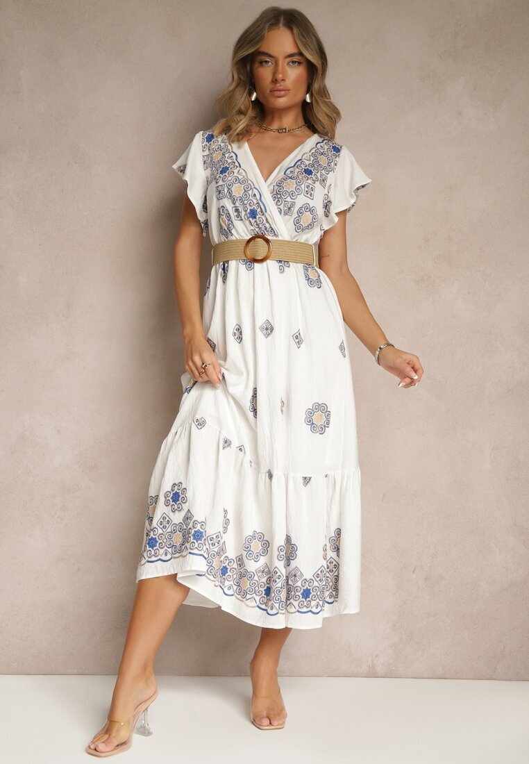 rosa Rochie Albă-Albastră din Viscoză Decorată cu Curea și Broderie Nilorelle