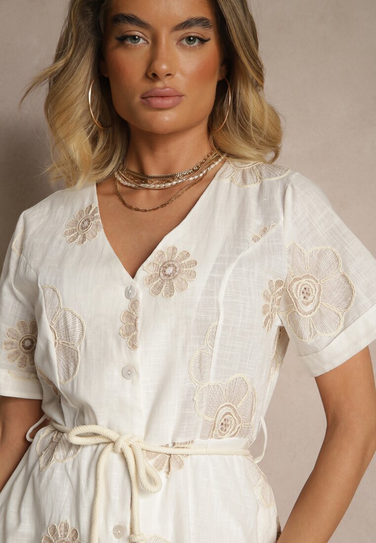rosa Rochie Albă Boho Decorată Cu șnur și Broderii Evinelle