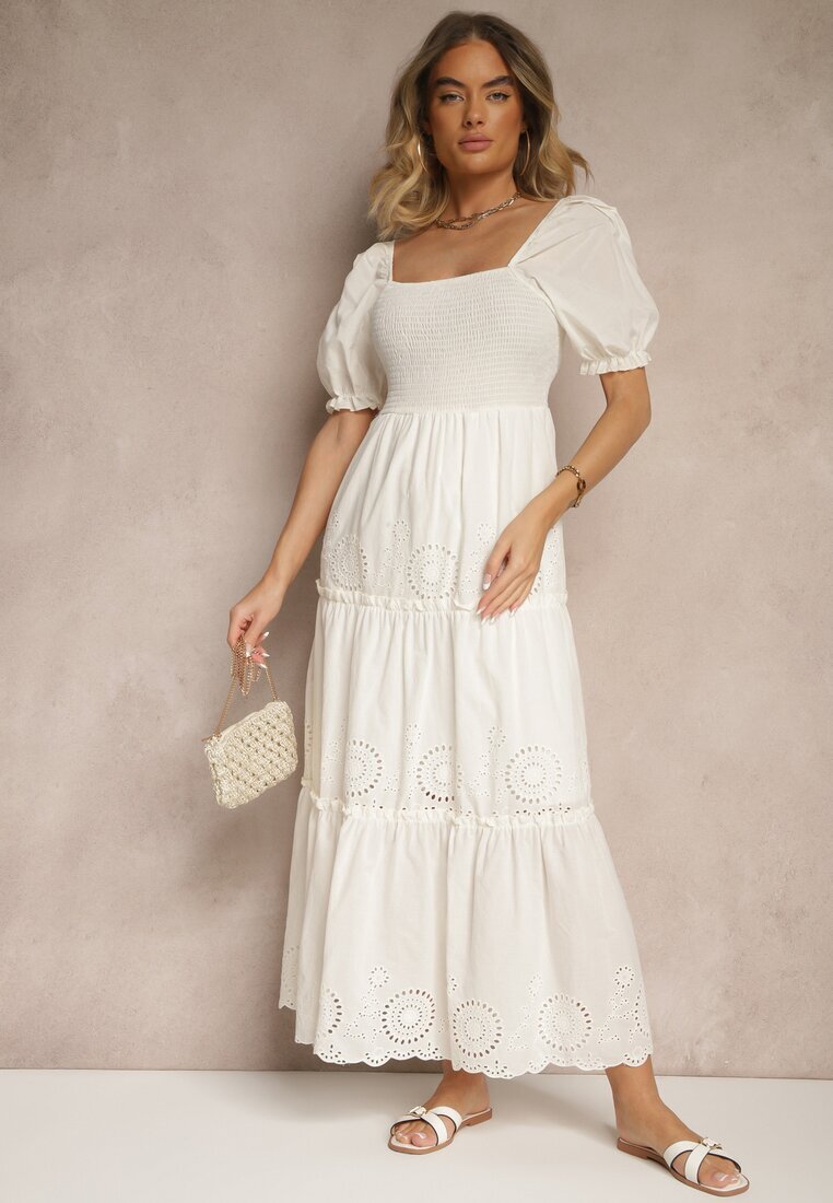 rosa Rochie Albă din Bumbac Decorată cu Broderie Iffirina