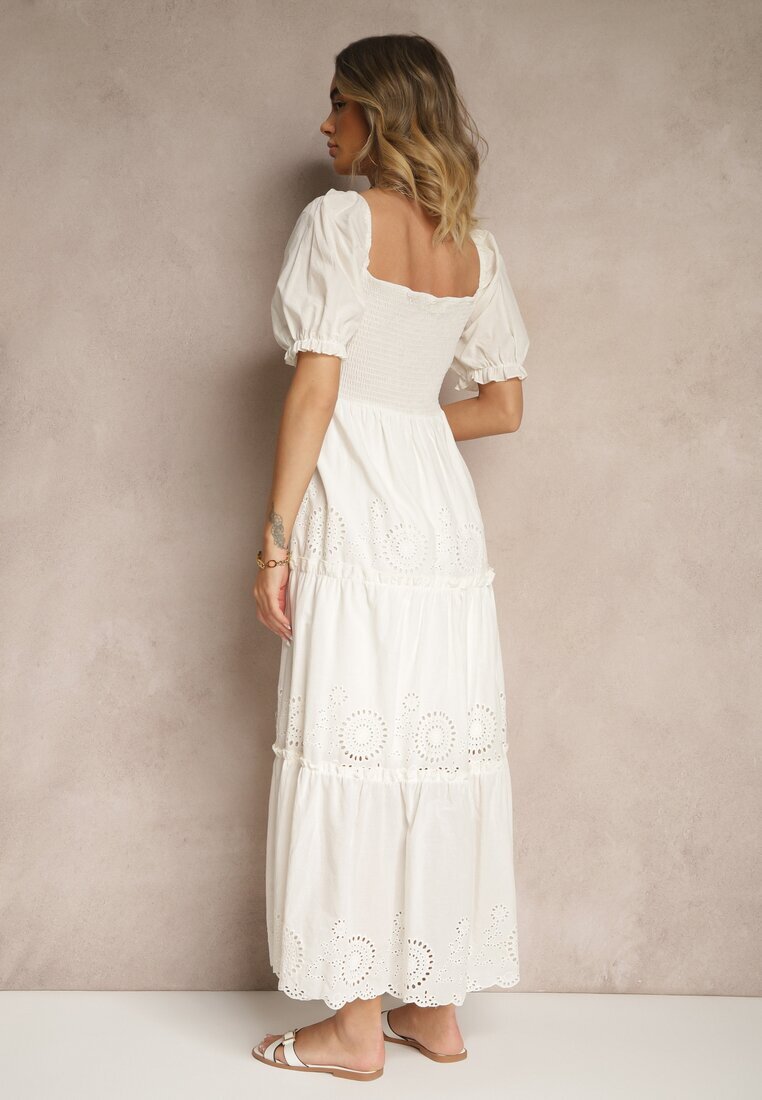 rosa Rochie Albă din Bumbac Decorată cu Broderie Iffirina