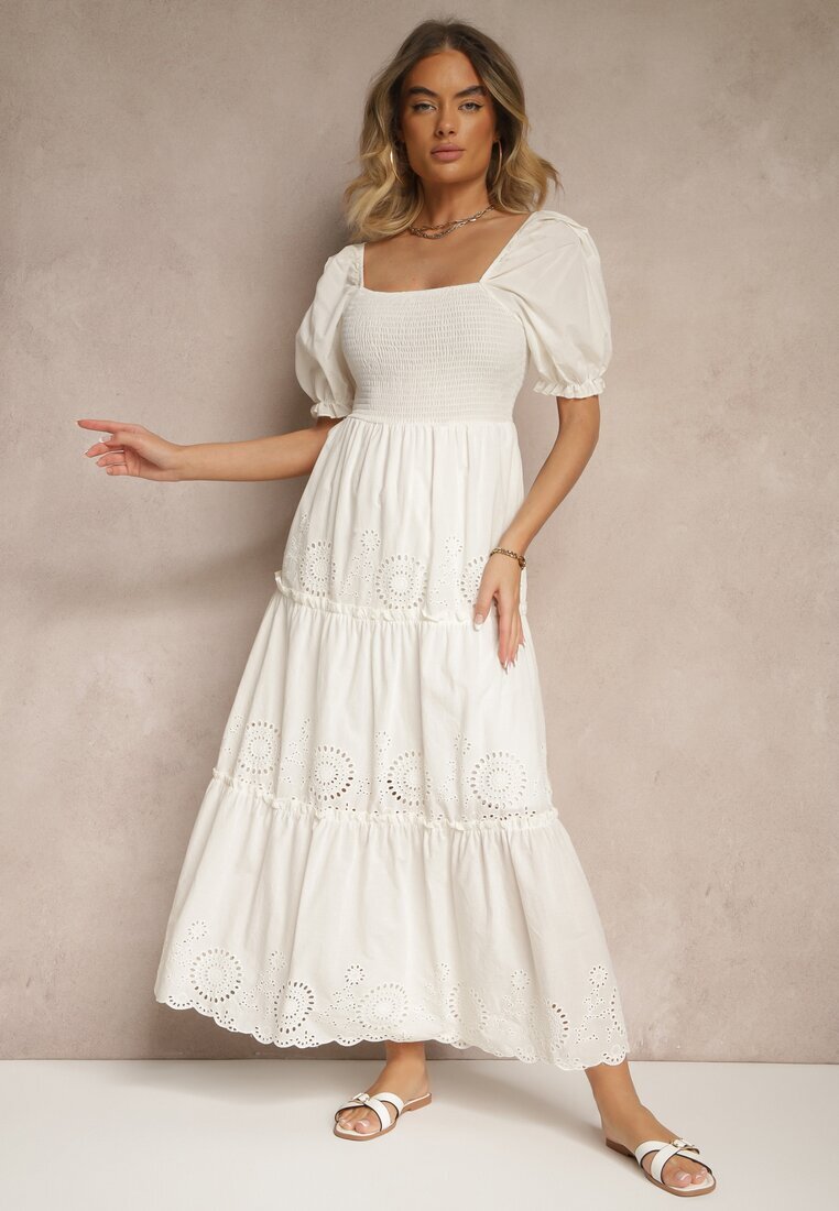 rosa Rochie Albă din Bumbac Decorată cu Broderie Iffirina