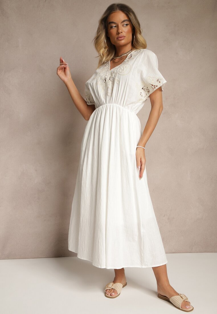 rosa Rochie Albă din Bumbac în Stil Boho cu Buzunare Orrane
