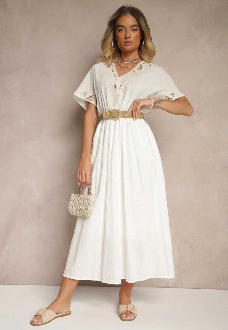 rosa Rochie Albă din Bumbac în Stil Boho cu Buzunare Orrane