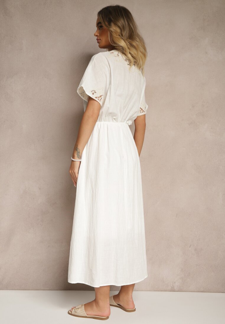 rosa Rochie Albă din Bumbac în Stil Boho cu Buzunare Orrane