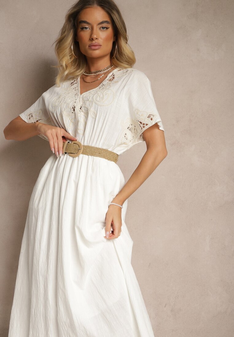 rosa Rochie Albă din Bumbac în Stil Boho cu Buzunare Orrane
