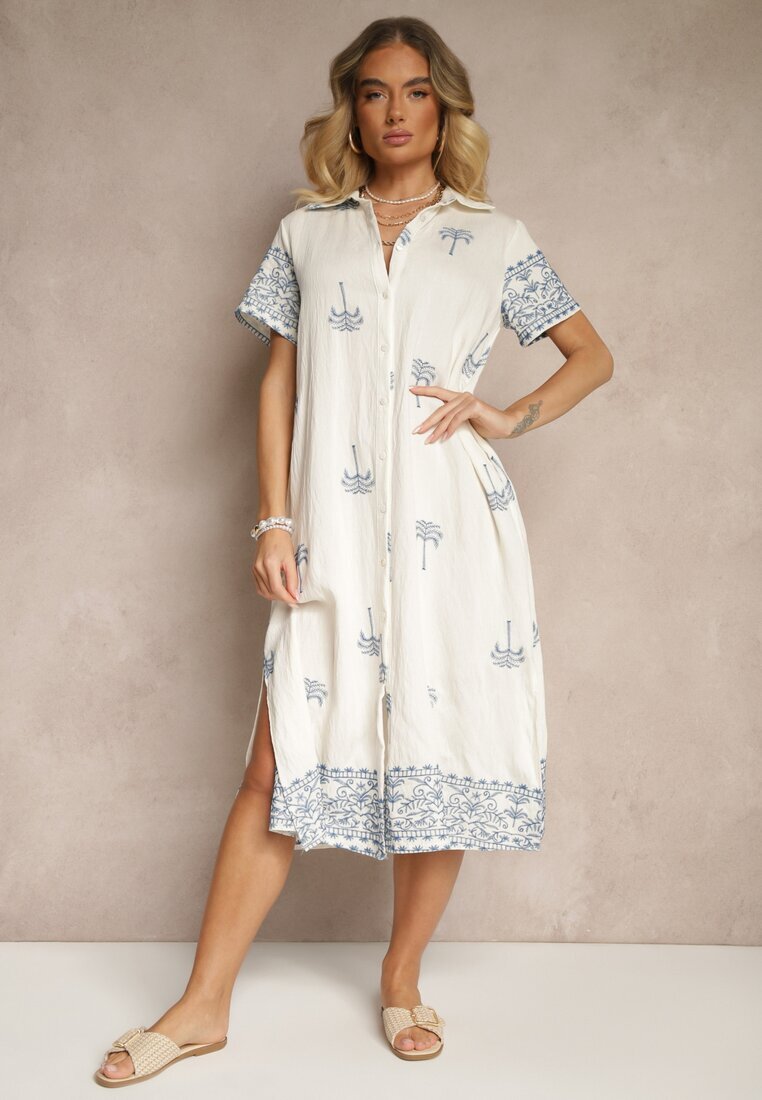 rosa Rochie Albă din Viscoză cu Croială Boxy cu Guler cu Broderie Sanavelle