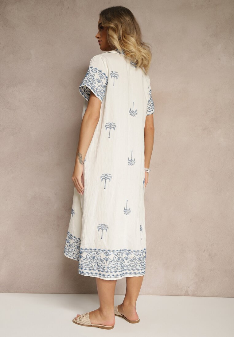 rosa Rochie Albă din Viscoză cu Croială Boxy cu Guler cu Broderie Sanavelle