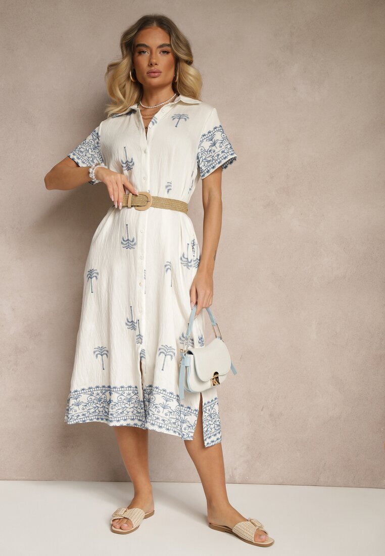 rosa Rochie Albă din Viscoză cu Croială Boxy cu Guler cu Broderie Sanavelle