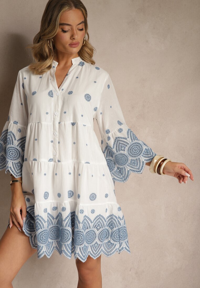 rosa Rochie Albă Tip cutie din Bumbac Decorată cu Model Ornamental Rallanea