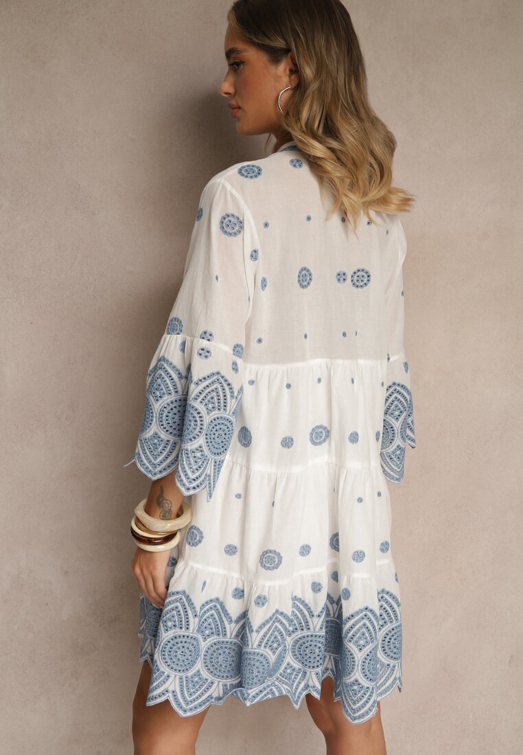 rosa Rochie Albă Tip cutie din Bumbac Decorată cu Model Ornamental Rallanea