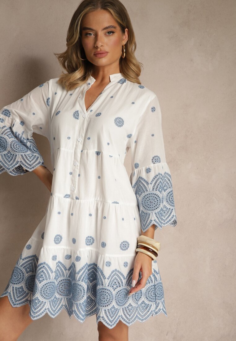 rosa Rochie Albă Tip cutie din Bumbac Decorată cu Model Ornamental Rallanea