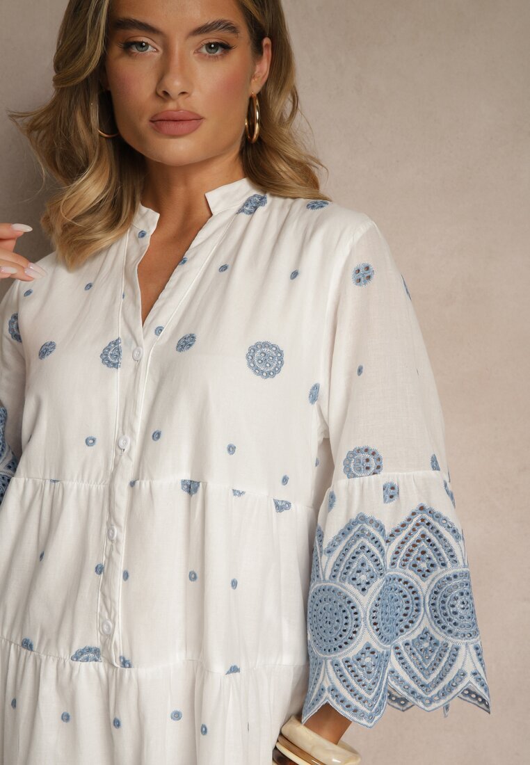 rosa Rochie Albă Tip cutie din Bumbac Decorată cu Model Ornamental Rallanea