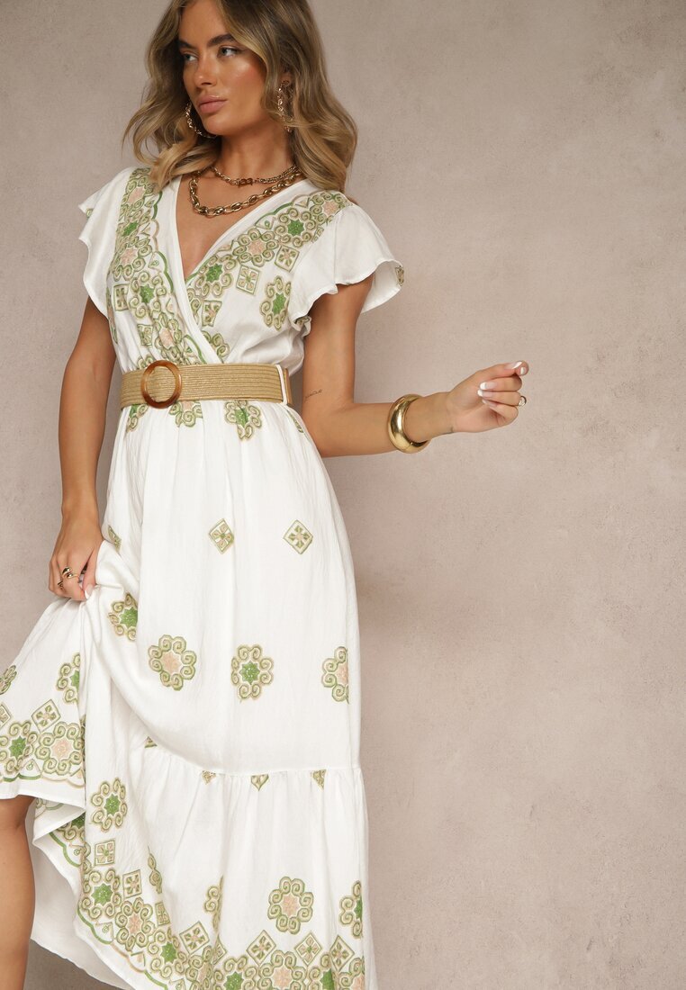 rosa Rochie Albă-Verde din Vascoză Decorată cu Curea și Broderie Nilorelle