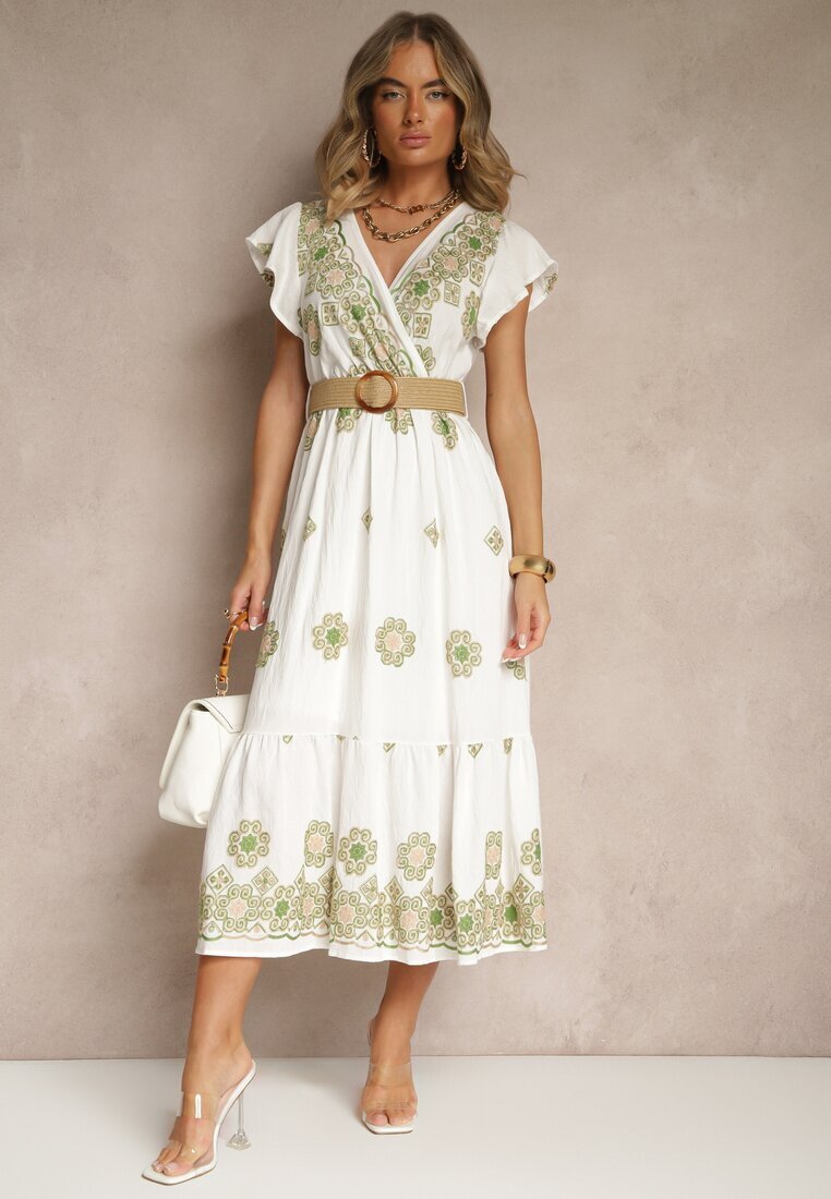 rosa Rochie Albă-Verde din Vascoză Decorată cu Curea și Broderie Nilorelle