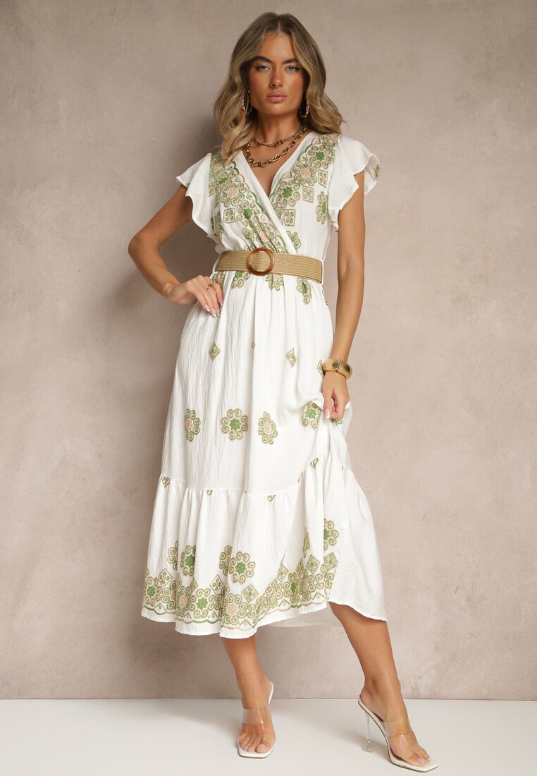 rosa Rochie Albă-Verde din Vascoză Decorată cu Curea și Broderie Nilorelle