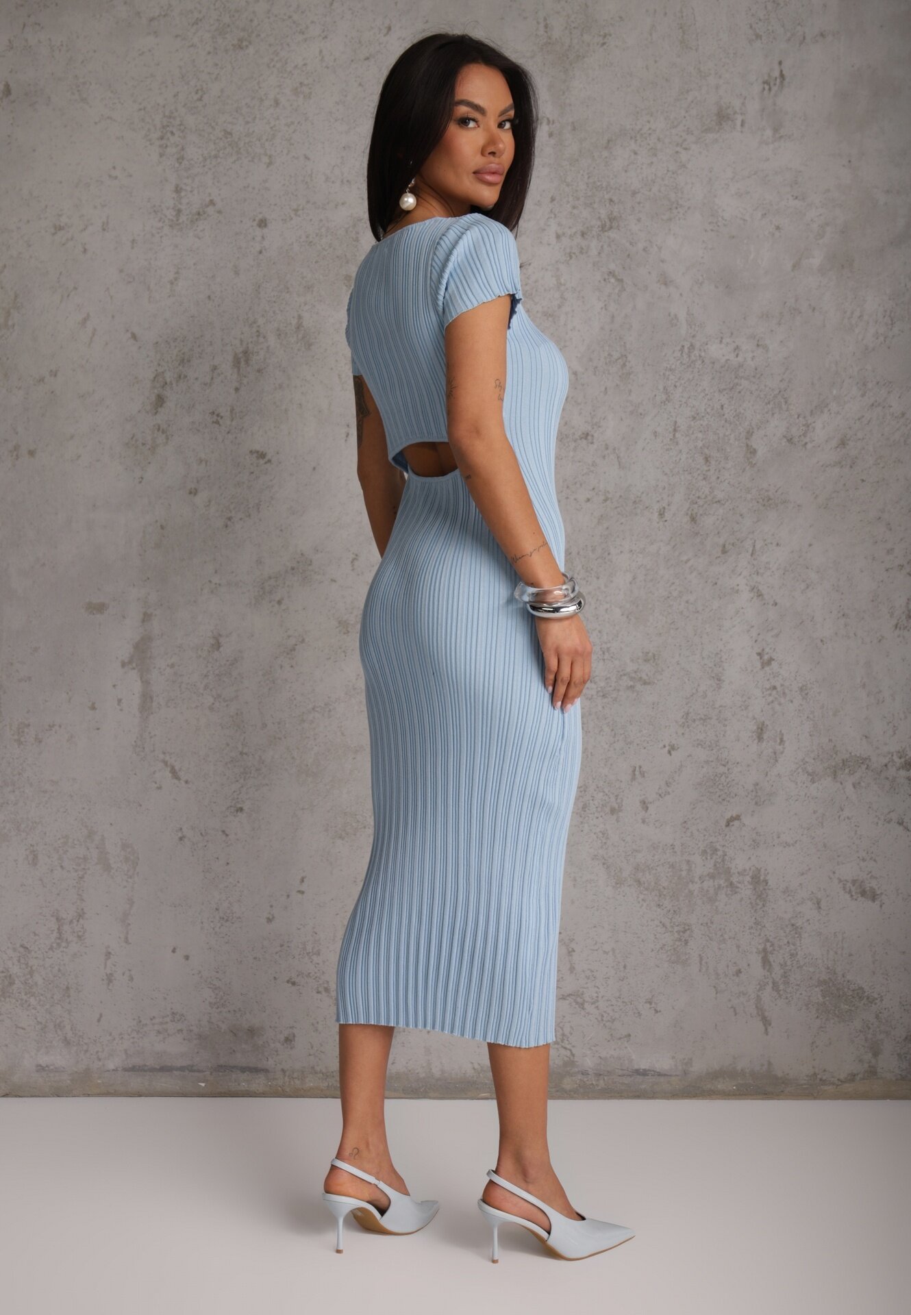 rosa Rochie Albastră Bodycon cu Decolteu Pătrat și Decupaj Decorativ la Spate Scriptos