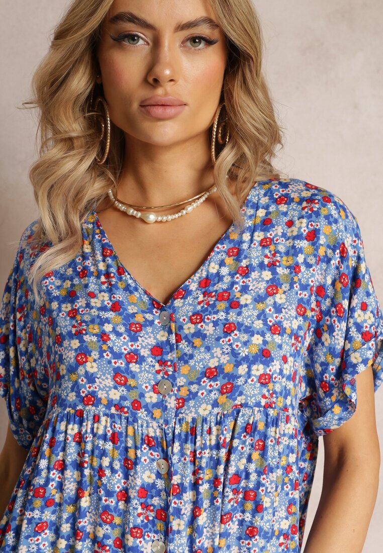 rosa Rochie Albastră Cloș cu Volan Passona