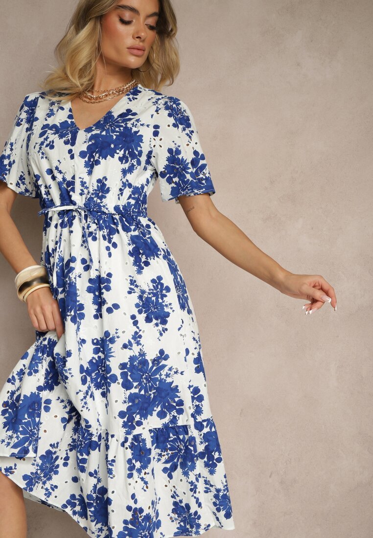 rosa Rochie albastră din bumbac cloș ajurată cu imprimeu floral Velbia