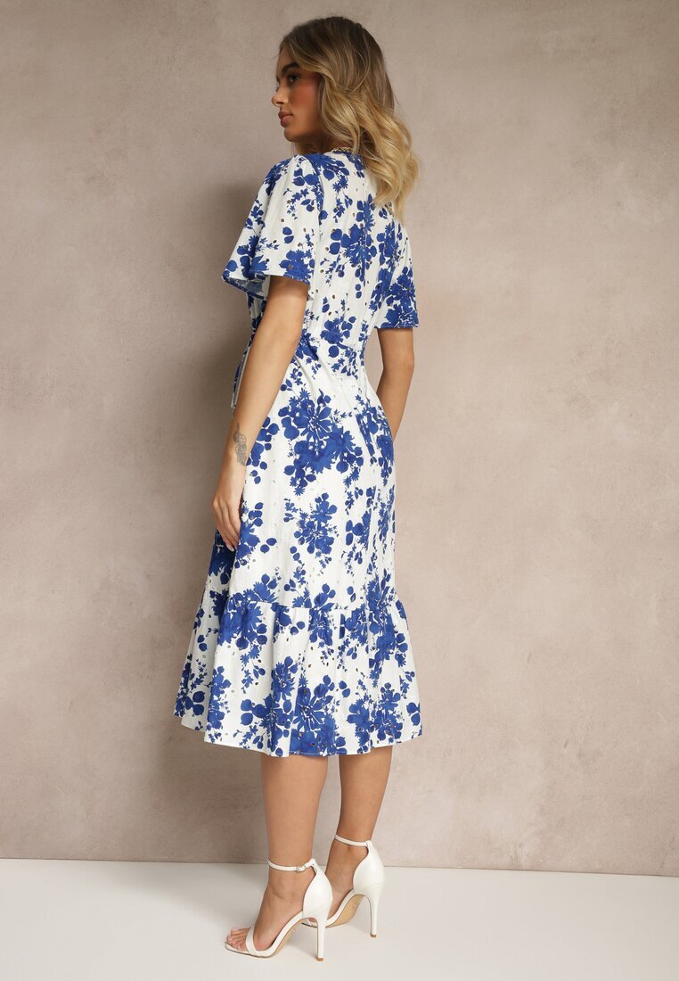rosa Rochie albastră din bumbac cloș ajurată cu imprimeu floral Velbia