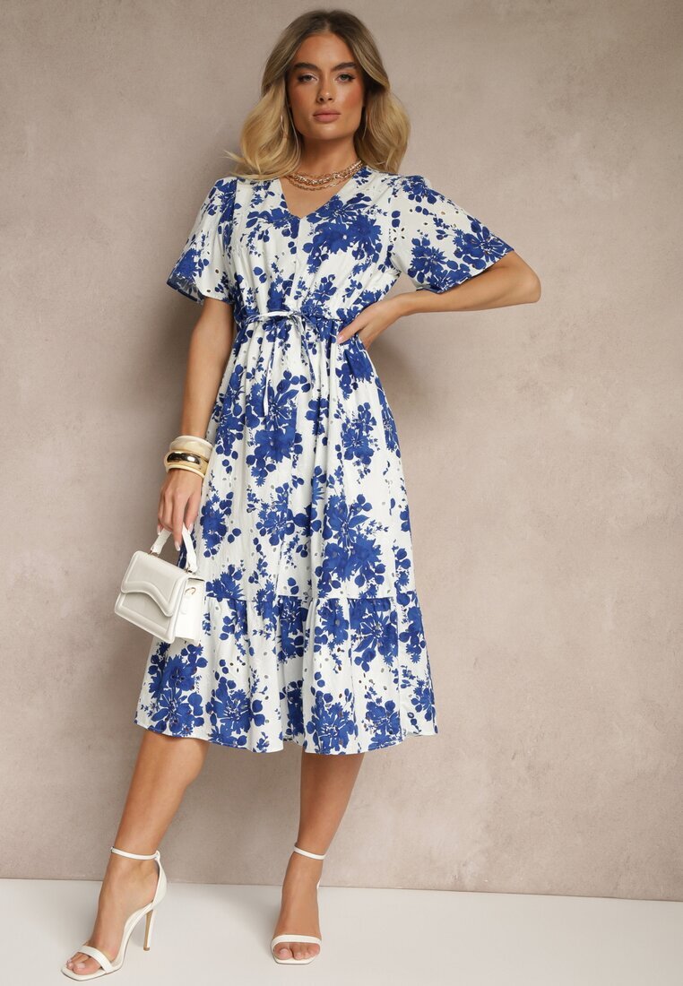 rosa Rochie albastră din bumbac cloș ajurată cu imprimeu floral Velbia