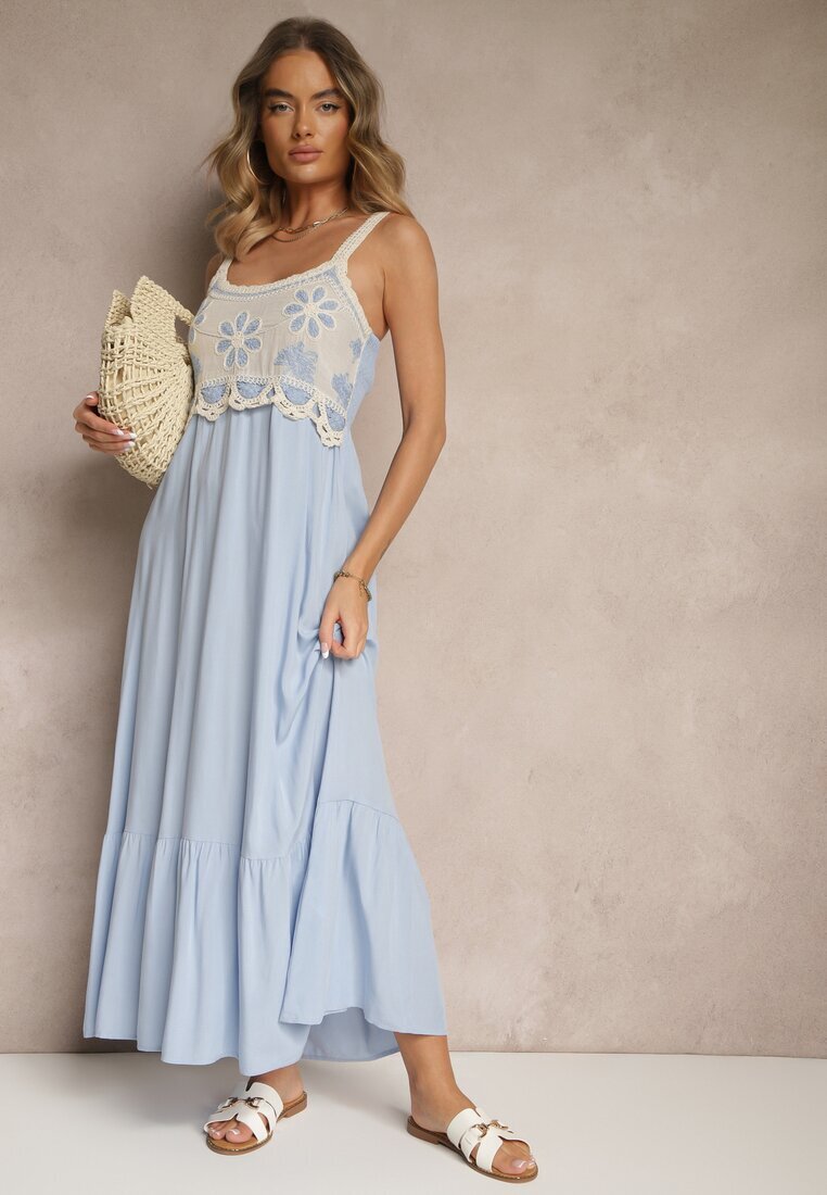 rosa Rochie Albastră din Viscoză Decorată cu Broderie Rinastra