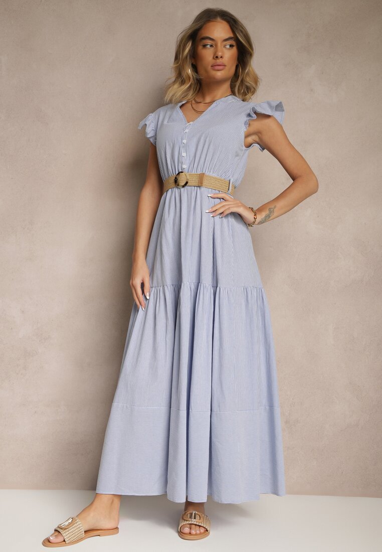 rosa Rochie Albastră Evazată din Bumbac Stil Boho cu Curea cu Cataramă Iffarisa