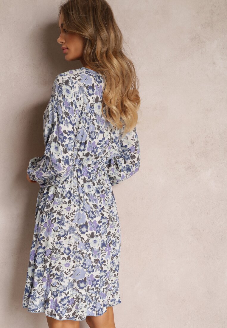rosa Rochie Albastră Florală cu elastic în talie și decolteu petrecut Lamiracle