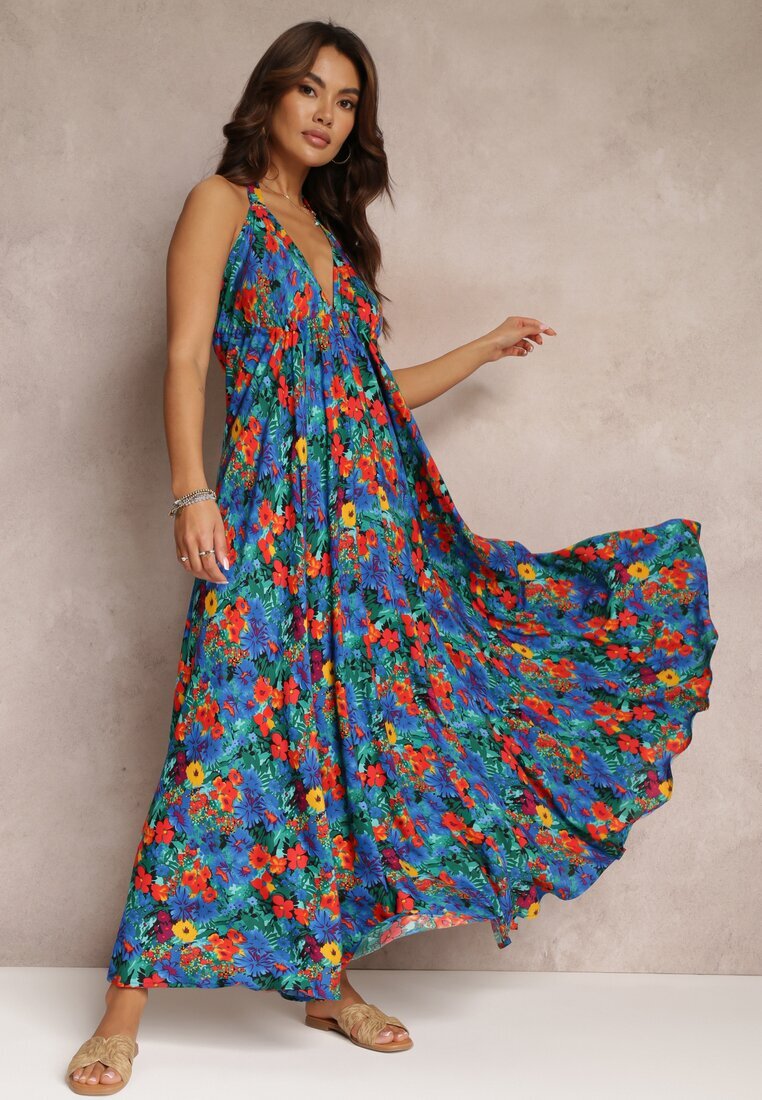 rosa Rochie Albastră Florală Maxi din Viscoză cu legătură la gât și spate Lunka