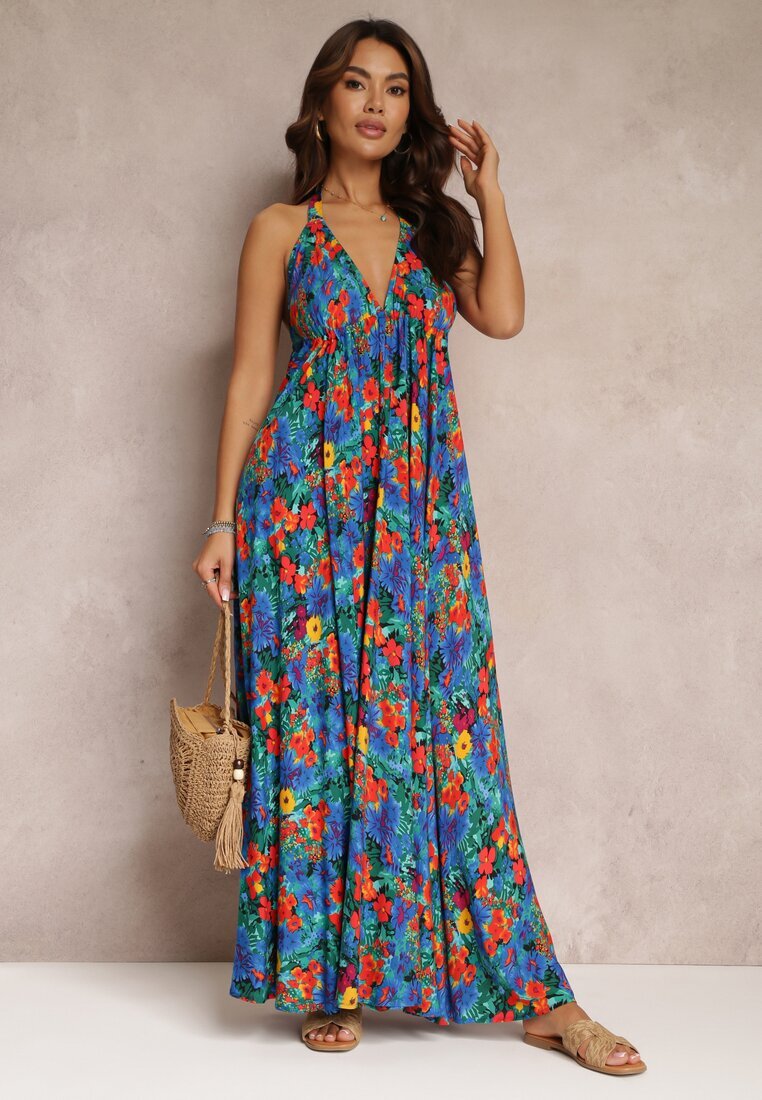 rosa Rochie Albastră Florală Maxi din Viscoză cu legătură la gât și spate Lunka