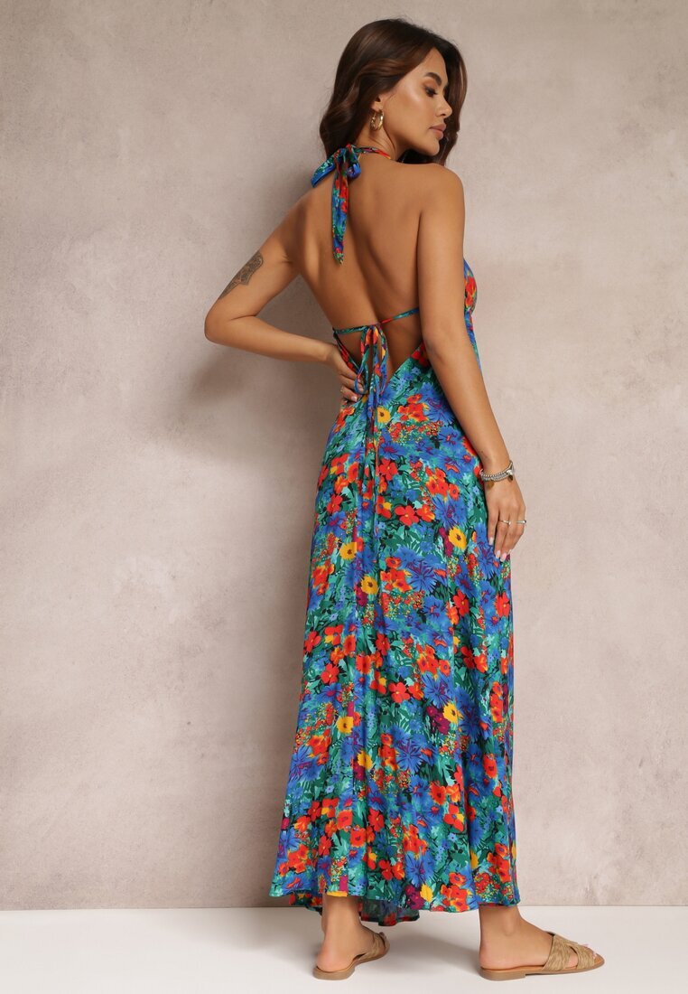 rosa Rochie Albastră Florală Maxi din Viscoză cu legătură la gât și spate Lunka