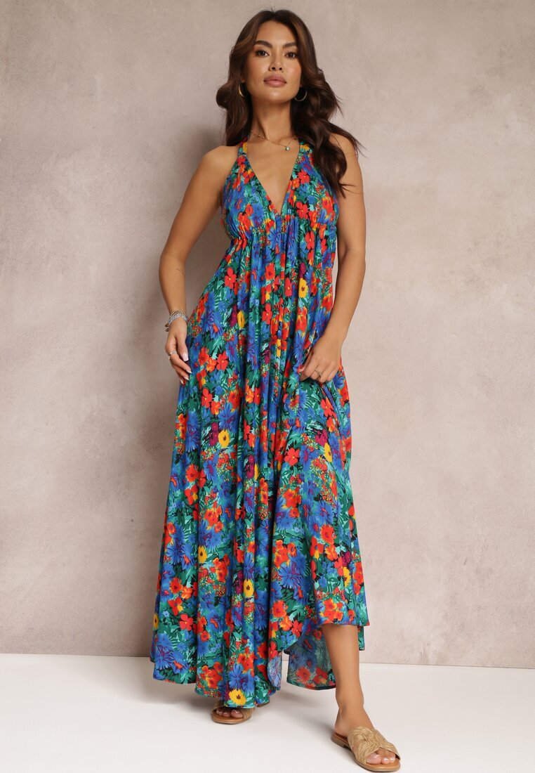 rosa Rochie Albastră Florală Maxi din Viscoză cu legătură la gât și spate Lunka