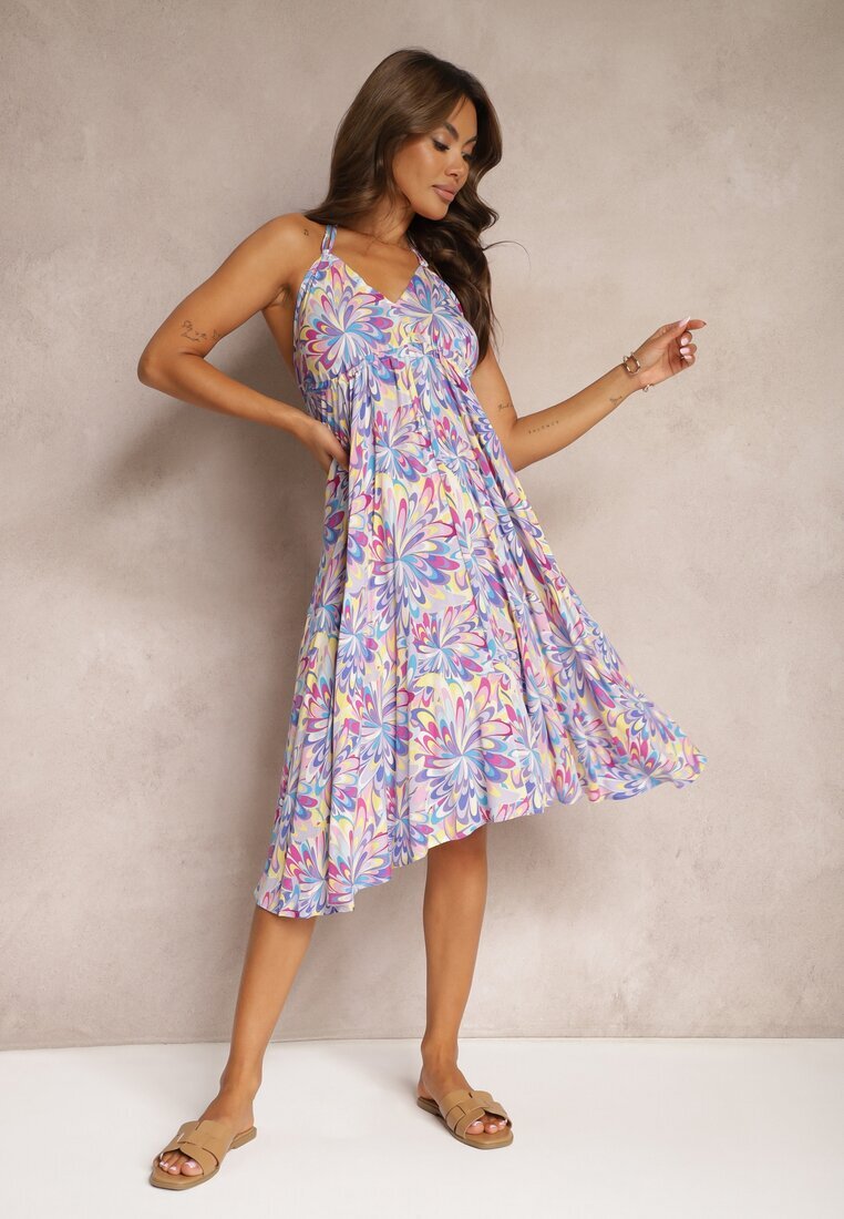 rosa Rochie Albastră Legată din Bumbac cu Croi Evazat Risaltis