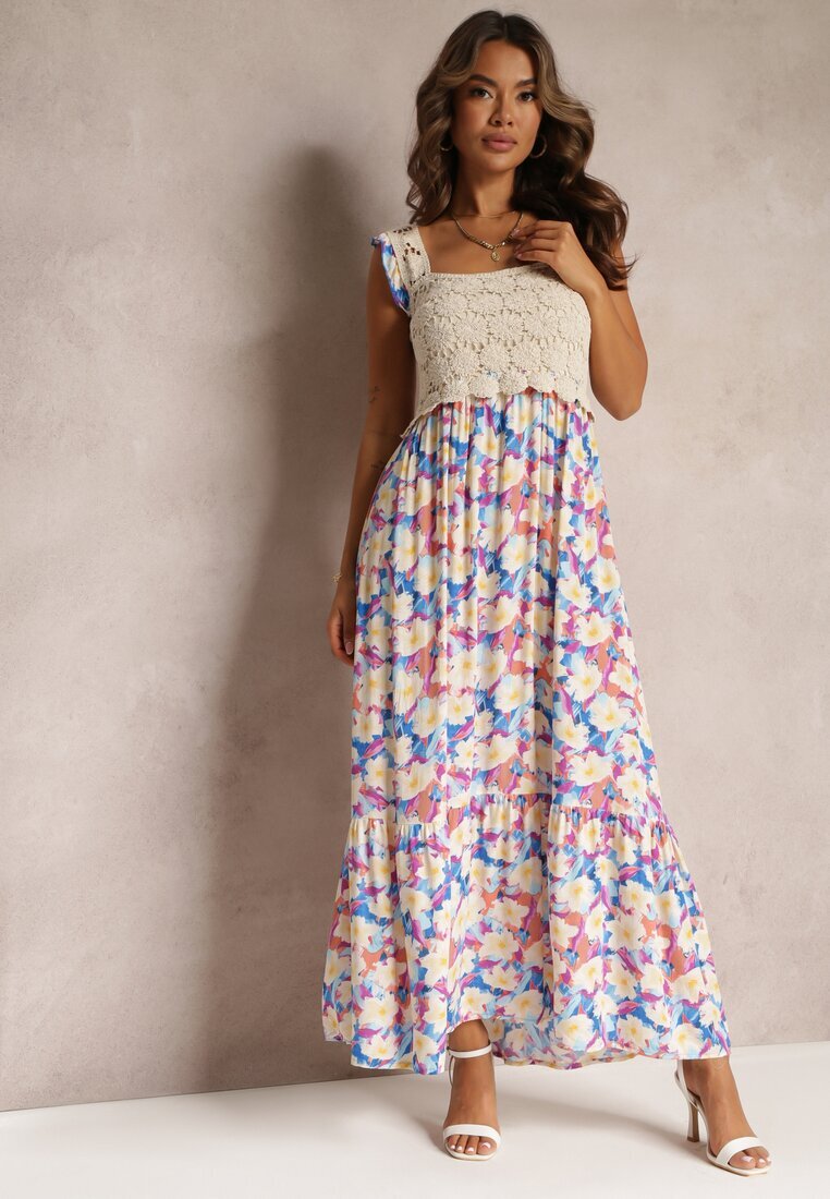 rosa Rochie Albastră Maxi din Viscoză Florală cu Decolteu Pătrat Alten