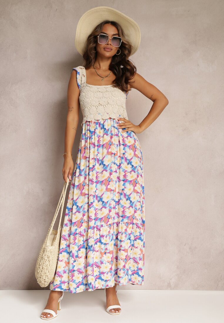 rosa Rochie Albastră Maxi din Viscoză Florală cu Decolteu Pătrat Alten