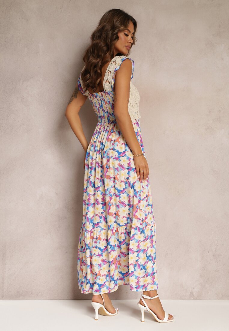 rosa Rochie Albastră Maxi din Viscoză Florală cu Decolteu Pătrat Alten