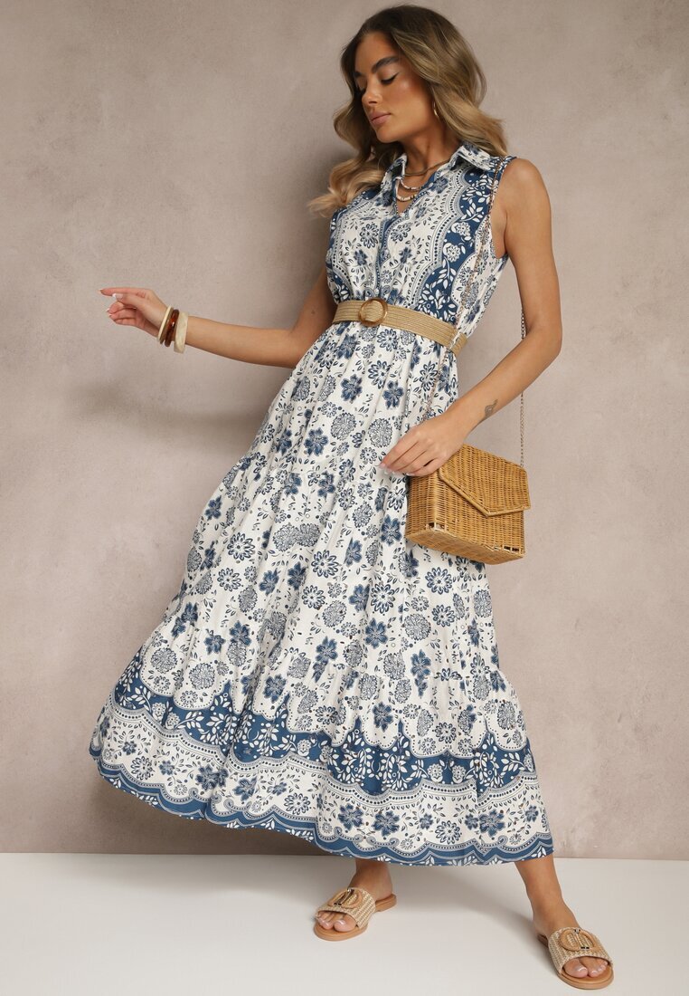 rosa Rochie albastră tip cămașă fără mâneci din bumbac cu curea cu cataramă Mirasitia