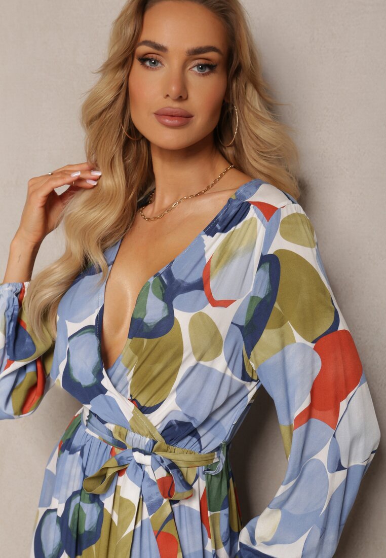rosa Rochie Albastru-Alb din Viscoză cu Decolteu Triunghiular cu Elastic în Talie și Curea din Material Fiavena