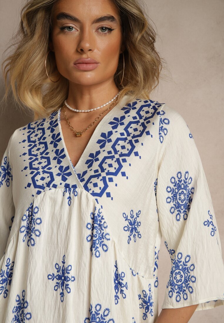 rosa Rochie Albastru-Crem Decorată cu Model Ornamental din Viscoză Daviloria