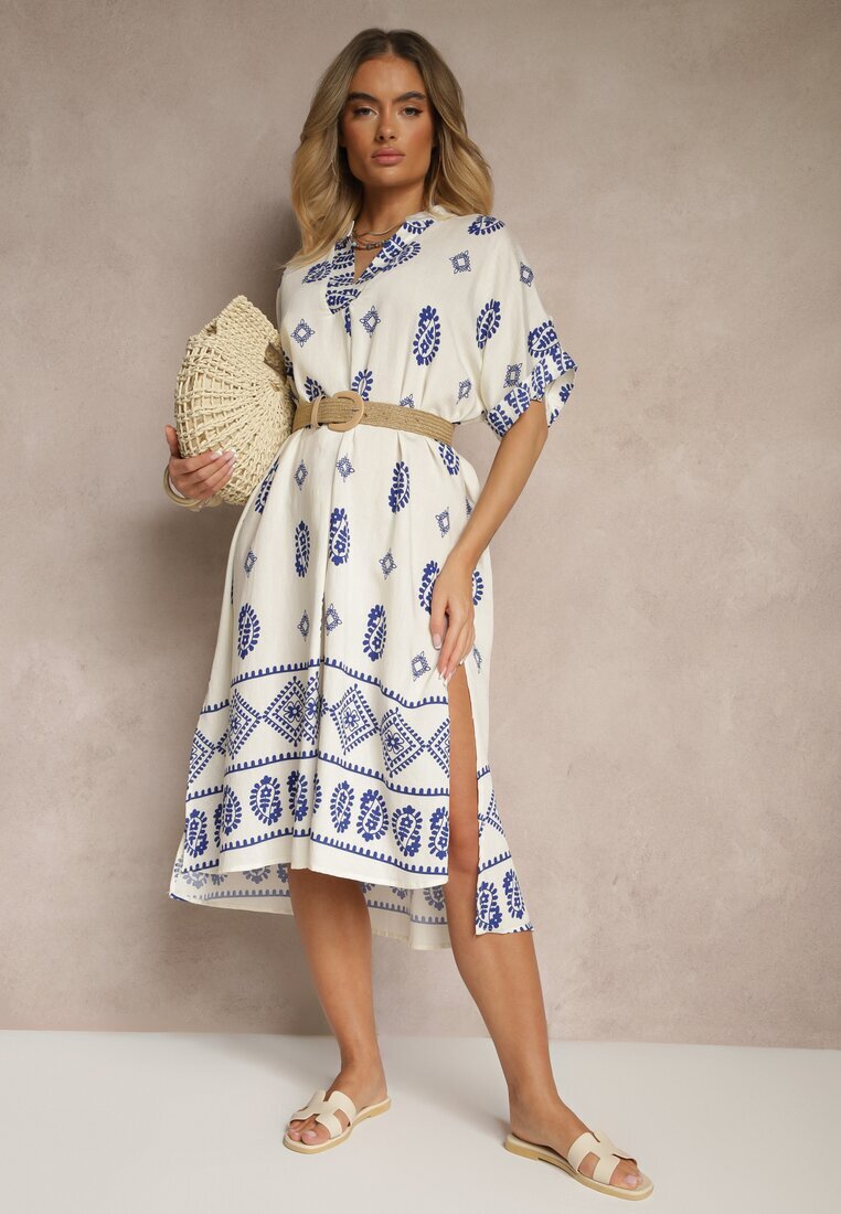 rosa Rochie Albastru-Crem din Viscoză stil Boho cu croială tip cutie cu șlițuri Virbia