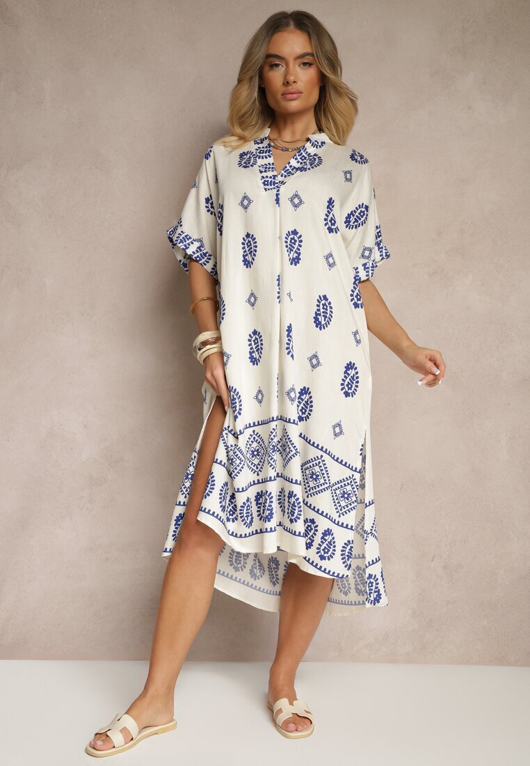 rosa Rochie Albastru-Crem din Viscoză stil Boho cu croială tip cutie cu șlițuri Virbia