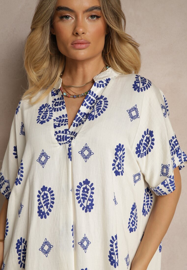 rosa Rochie Albastru-Crem din Viscoză stil Boho cu croială tip cutie cu șlițuri Virbia