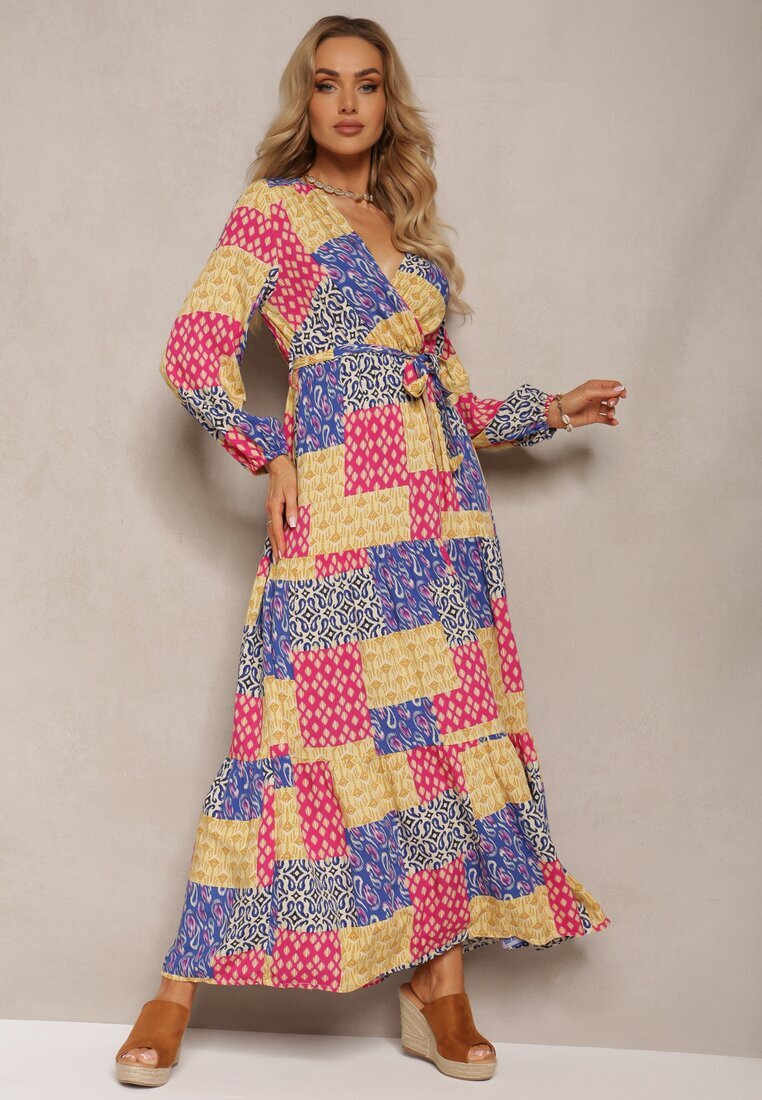 rosa Rochie Albastru-Galben din Viscoză cu elastic în talie și curea din material textil cu decolteu triunghiular Nelarae