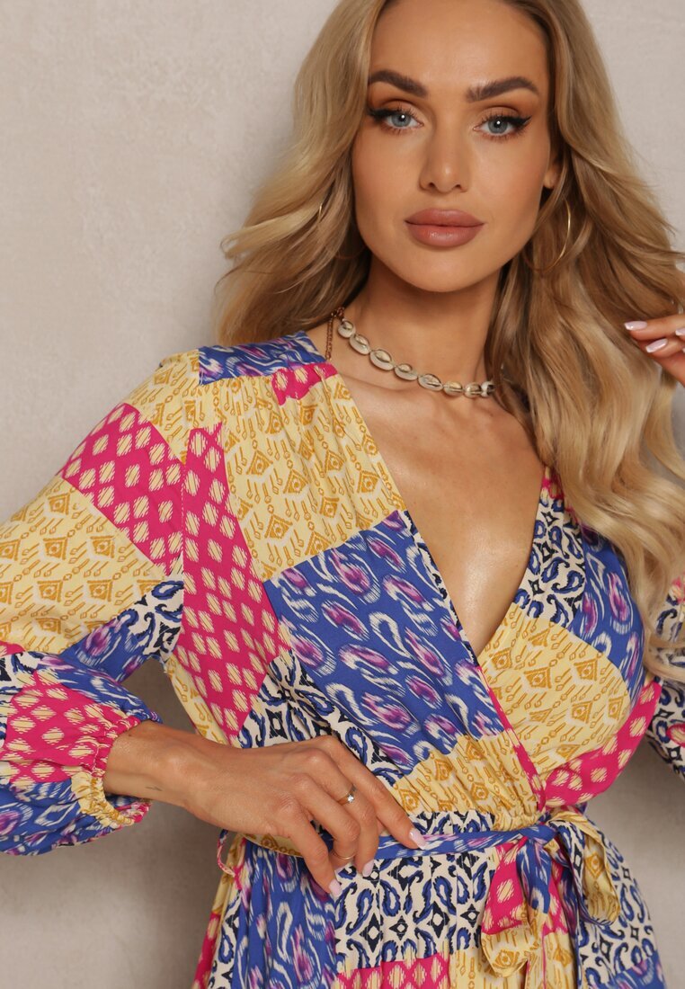 rosa Rochie Albastru-Galben din Viscoză cu elastic în talie și curea din material textil cu decolteu triunghiular Nelarae