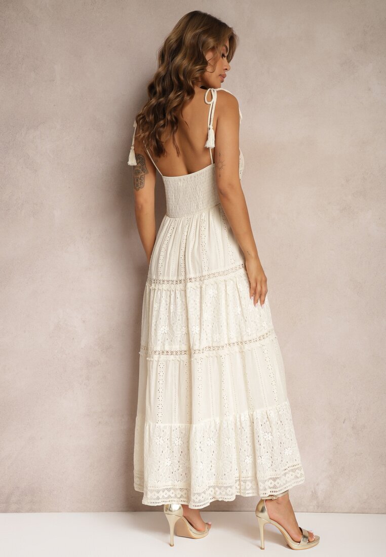 rosa Rochie Bej Croșetată Maxi cu Broderie Decorativă și Volan Eshade