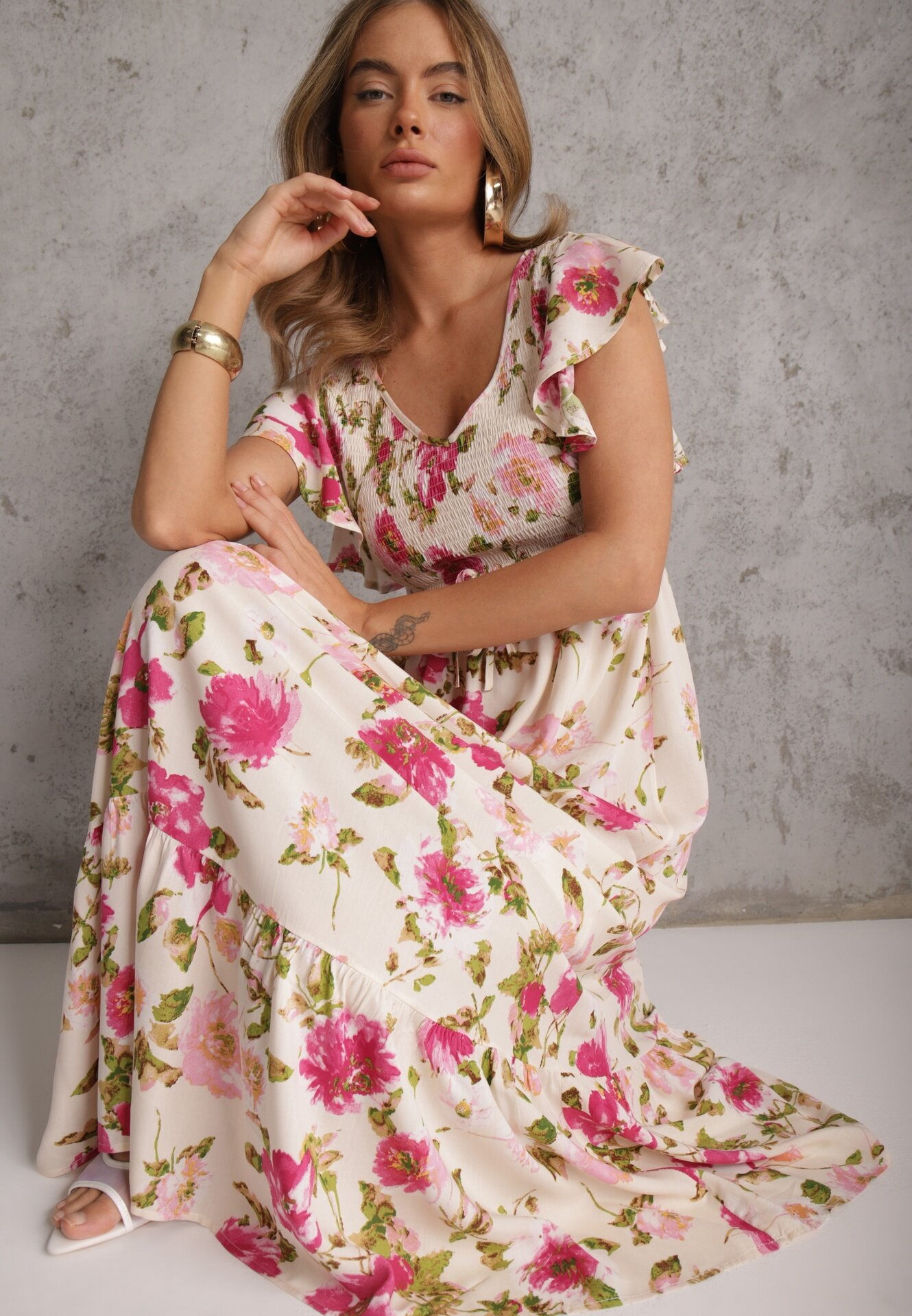rosa Rochie Bej deschis din Viscoză cu Imprimeu Floral Evazată Maxi Veradisia