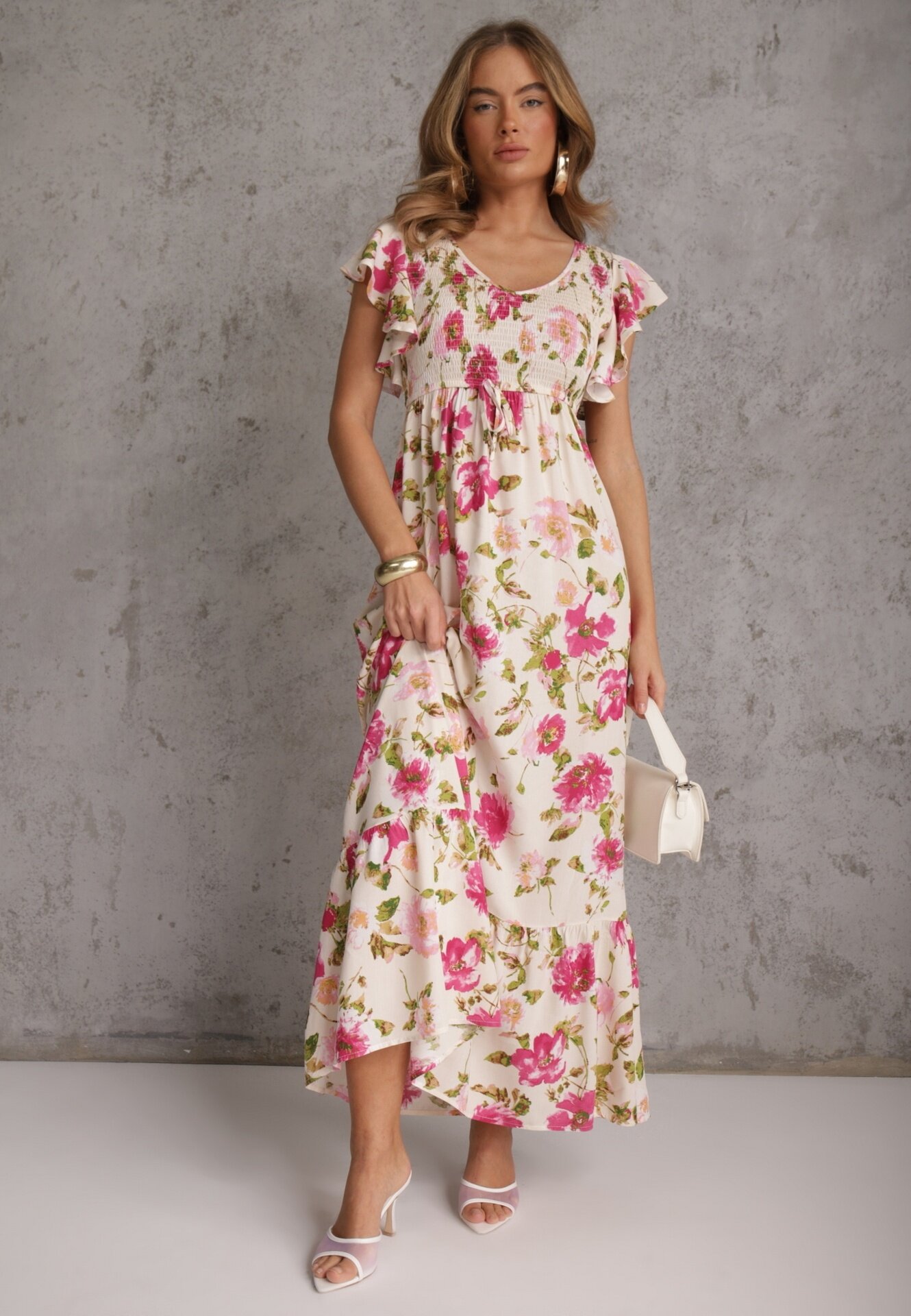 rosa Rochie Bej deschis din Viscoză cu Imprimeu Floral Evazată Maxi Veradisia