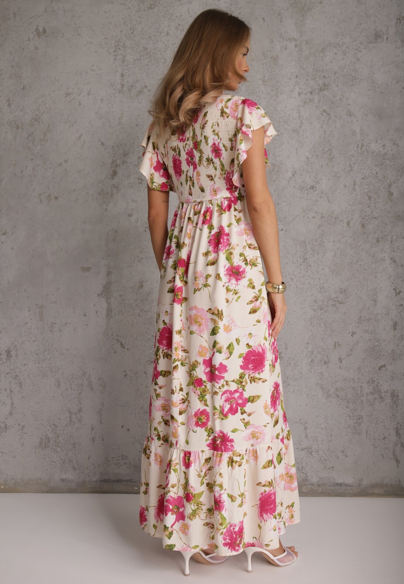 rosa Rochie Bej deschis din Viscoză cu Imprimeu Floral Evazată Maxi Veradisia