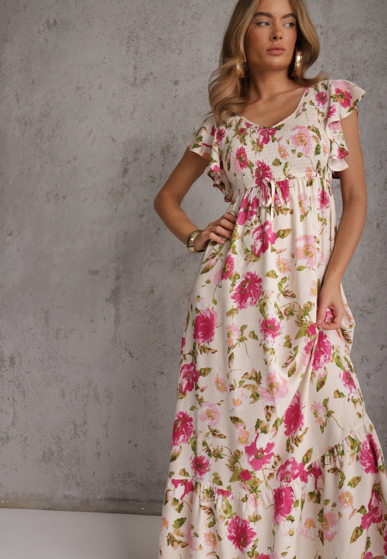 rosa Rochie Bej deschis din Viscoză cu Imprimeu Floral Evazată Maxi Veradisia